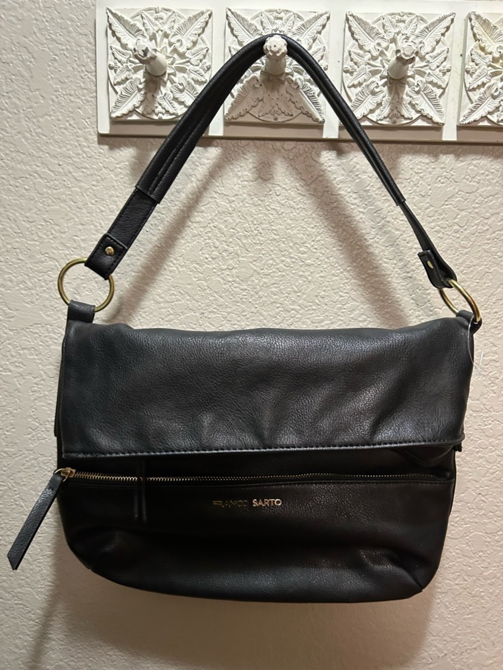 Franco Sarto Black Leather Fold-Over Shoulder Bag with Gold Hardware